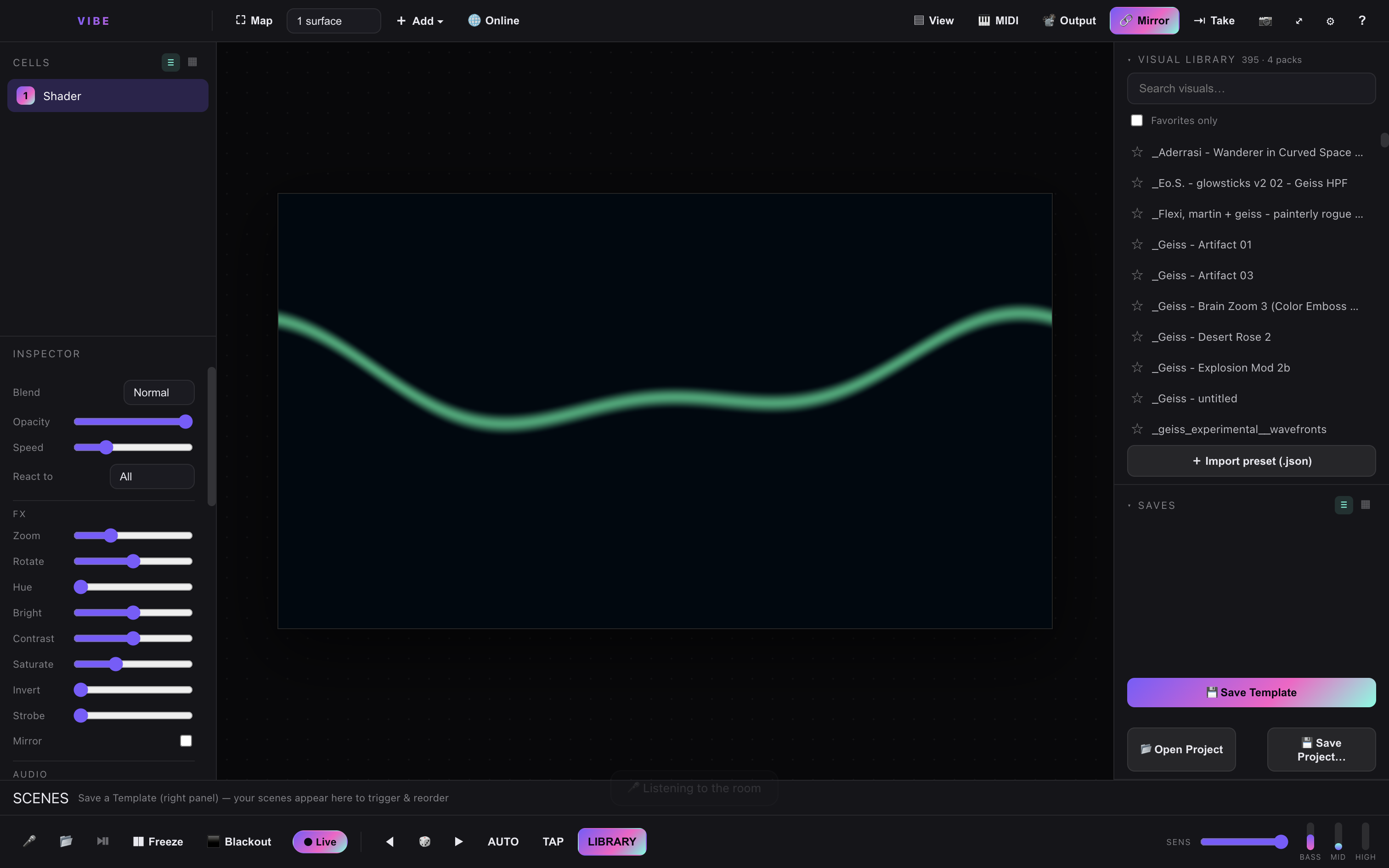 Vibe Visualizer projection mapping interface showing controls and surface editing